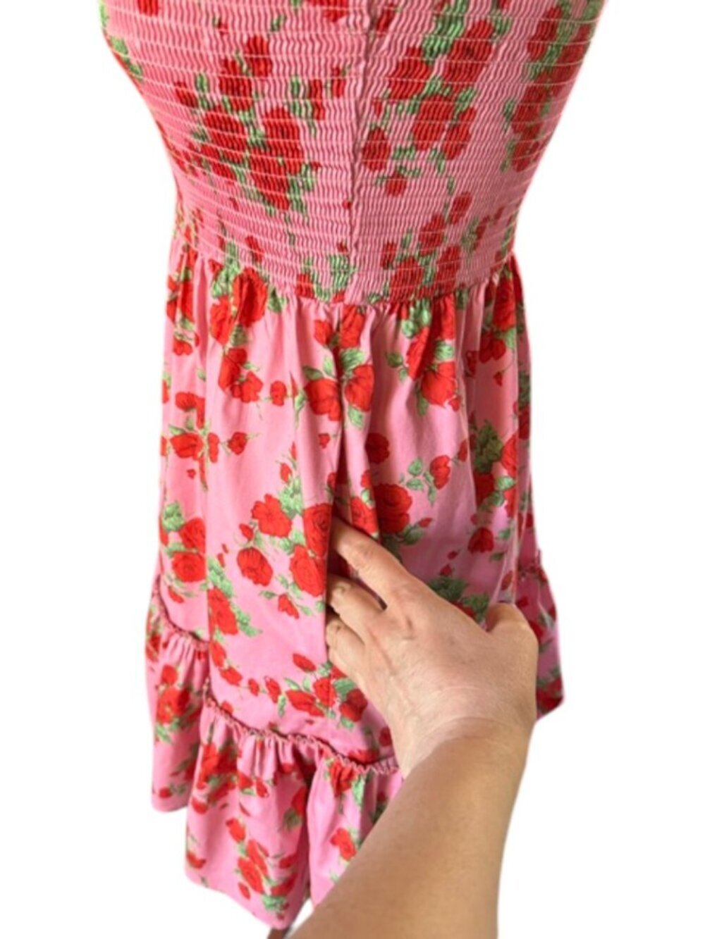 Code X Mode Pink Floral Rose Smocked Ruffle Mini Dress. It features a bright pin - Picture 5 of 15